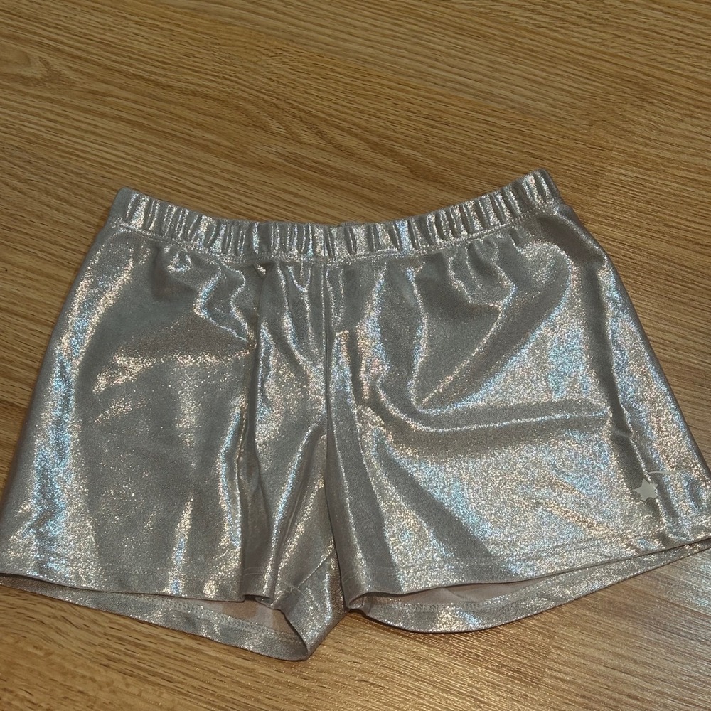 Destira Silver Metallic Gymnastic Shorts Star Logo Girls Medium Sparkle Dance